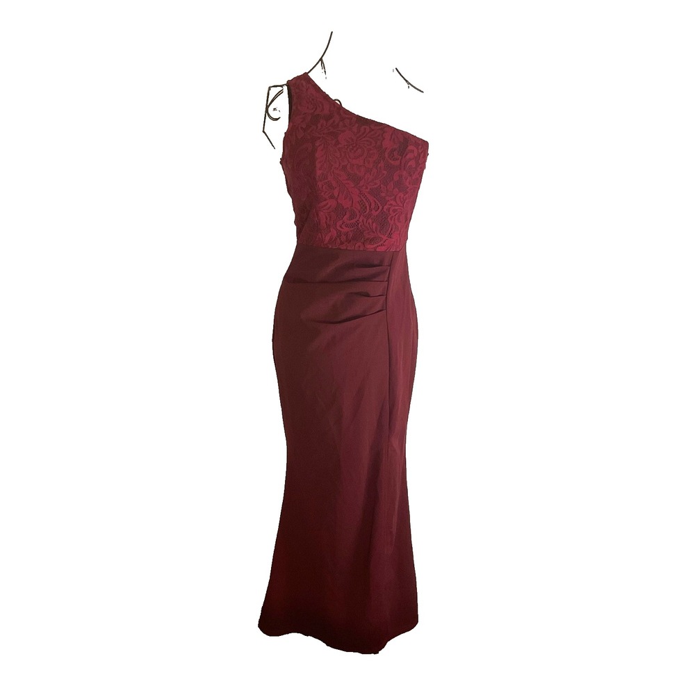 One Shoulder Burgundy Floral Pleated Waist High Side Slit Formal Dress - Picture 10 of 12